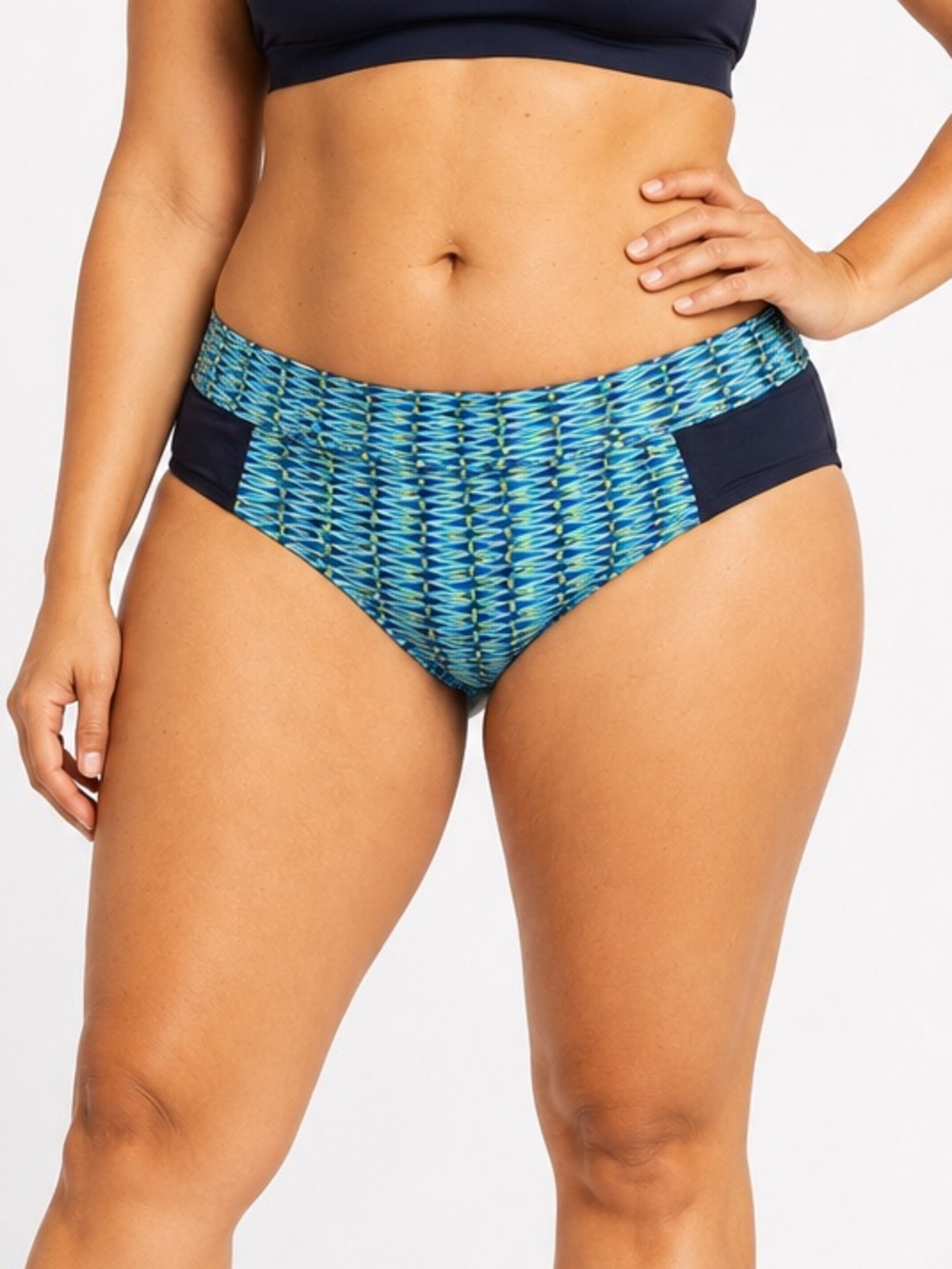 Athleta Bikini Bottoms L Blue Geometric Mid Rise Lined Swim Moderate